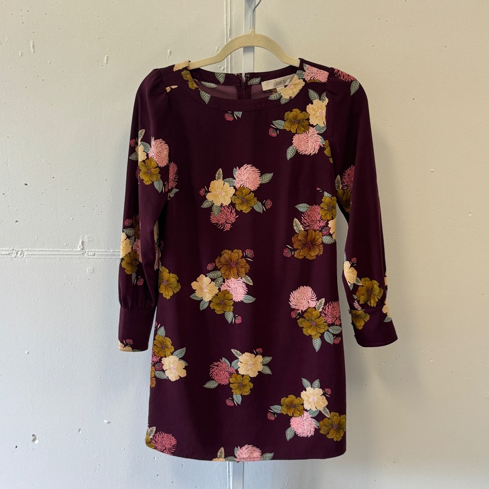 Loft‎ Petites Floral Shift Dress Burgundy Plum Long Sleeve 00P 479263 Fall Boho